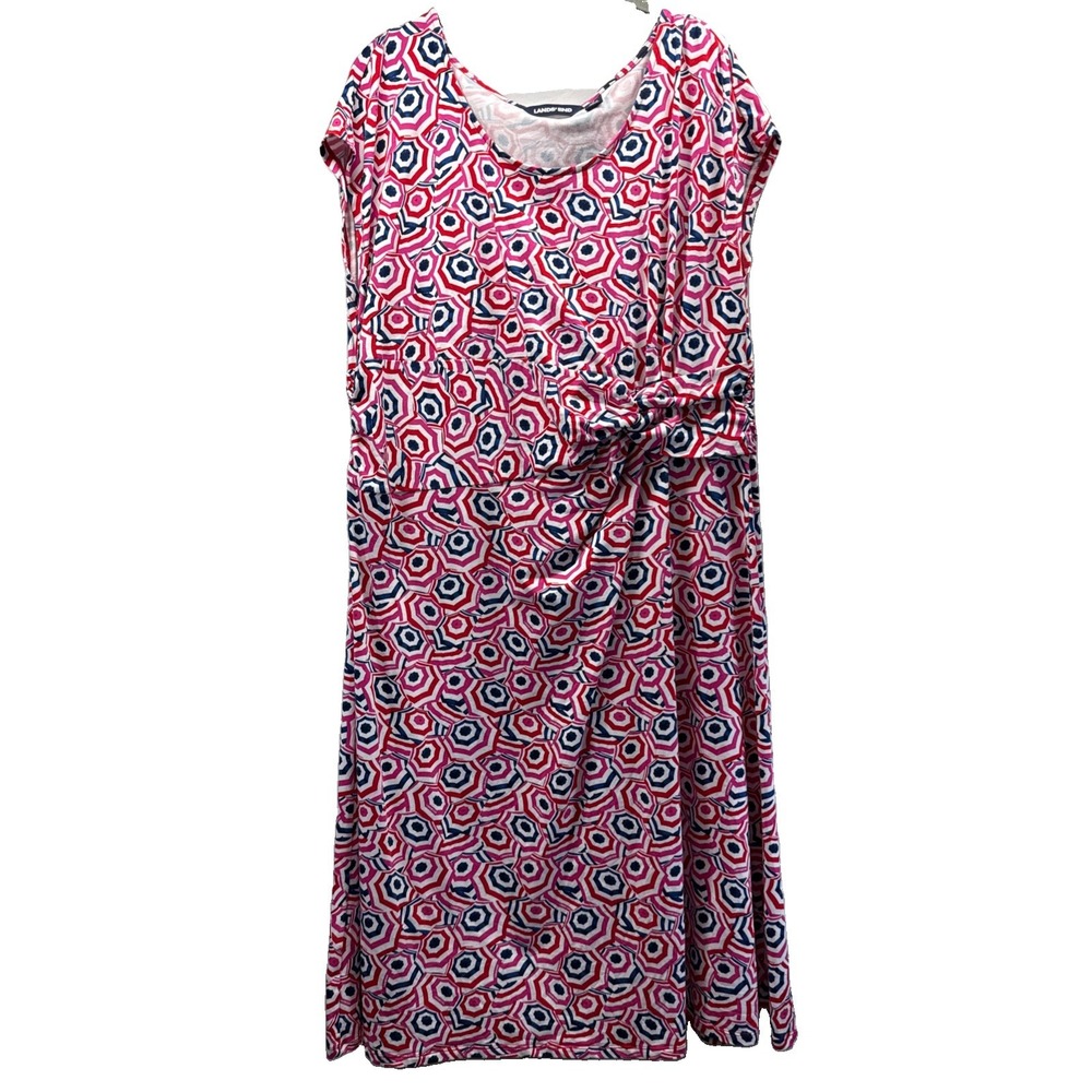 Lands End Women's Dress Sz XL Red White Sleeveless Knoted Waist Pullover Stretch